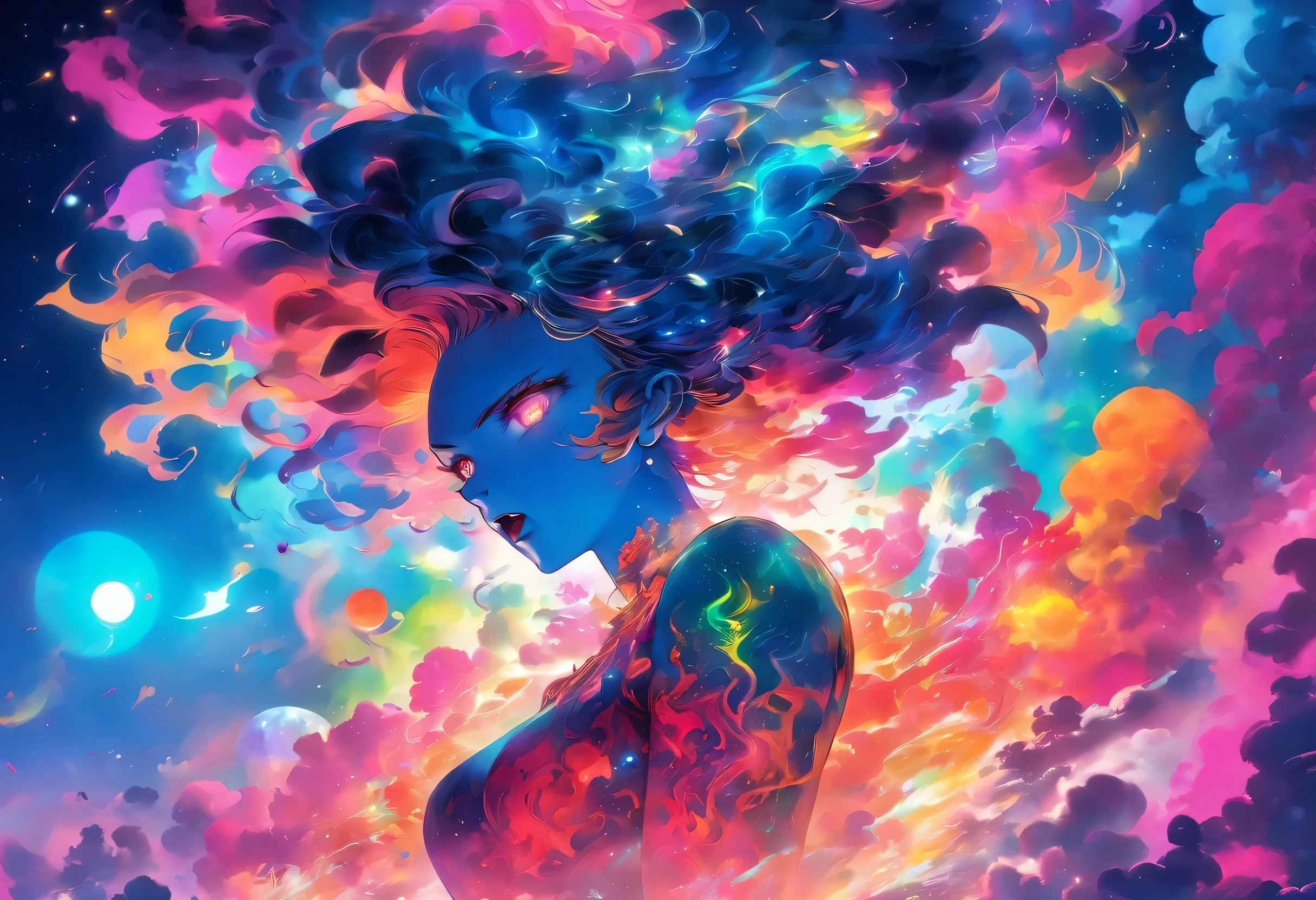 psychedelic, NSFW Horror, Beautiful Breasts, Nipples, Bloody, Scary, Spooky, Fantasy space, Multiple planets, Fantasy Galaxy, 1girl in, full body Esbian, Portrait, Beautiful, Rainbow Light, Magical, High quality, Neat face、nice nose,Nice mouth,sea of clouds、the morning sun、Red and yellow、Splash Art、Lightning,[(Art by Android Jones:1.2)]、ultra-detailliert、Beautifully Aesthetic、​masterpiece、top-quality、ighly detailed、Most Beautiful Form of Chaos、elegent、vivd colour、barroco、Complex pattern、dynamic ungle