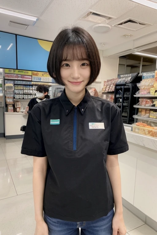 (onoff,side-by-side photo,split screen),(masterpiece:1.4), (best quality:1.4) ,8K,cinematic lighting,((best quality)), (masterpiece) , (realistic shadow) , (depth of field),(intricate details:1.4), 1girl,Japanese,(Black short girly hair with asymmetrical bangs:1.3),Happy smiling face,(Slender body:1.4),(hairy pussy),camel toe,konbini, scenery, shop,convinience store,food, indoors, employee uniform, uniform,id card, striped, shirt, pants, standing, famima, famimaU,