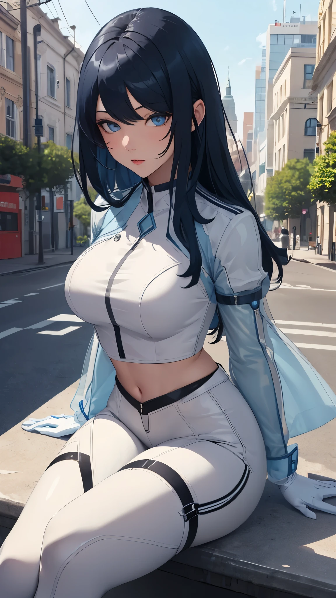 (Highly quality, masterpiece, detailed), city detailed scenario, city detailed background, solo, 1 woman, AeroMarvel, 1girl, solo, long hair, blue eyes, black hair, blue hair, white and light blue Leather cropped top, sleeves, white and light blue leather pants, White Gloves, sitting on a bench, beautiful eyes, Sexy pose