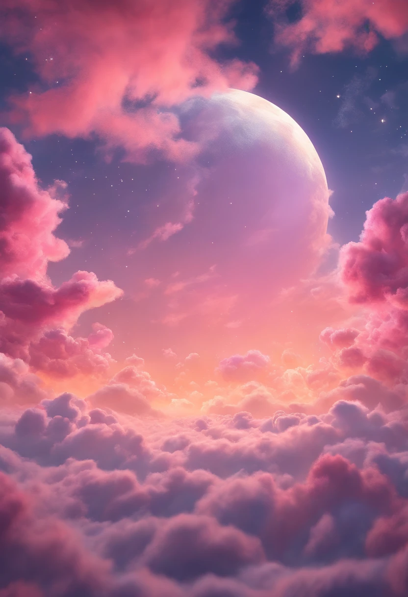 a painting of a crescent and stars in the sky, dreamy night, detailed dreamscape, fluffy pink anime clouds, space clouds, anime clouds, anime background, beautiful iphone wallpaper, dreamy clouds, background art, aesthetic clouds in the sky, fantasy puffy sky, anime background art, wallpaper aesthetic, cosmic sky, sitting on the cosmic cloudscape, cloudy night, night clouds