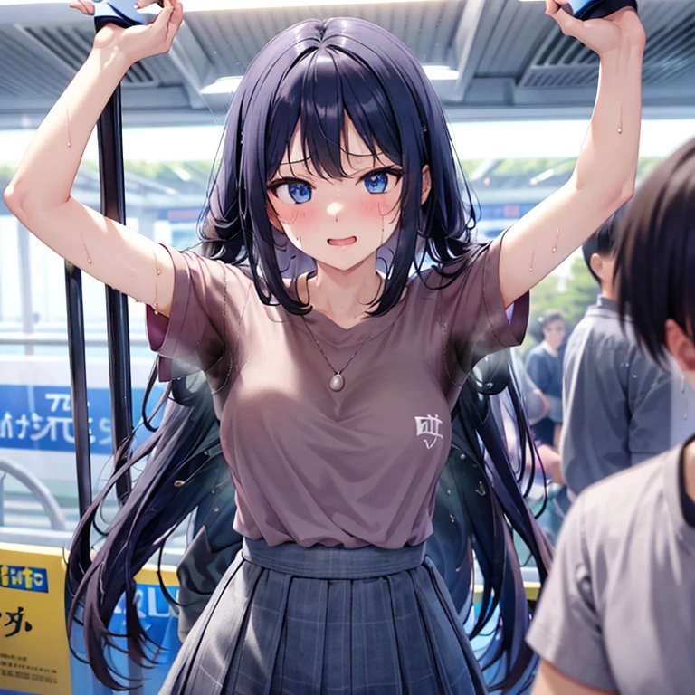 NSFW、masterpiece、high school girl、crowded train、Are standing、((whole body))、Hold on to the strap、gray t-shirt、short skirt、((((脇Sweat))))、((((Wakiga))))、(((Sweat)))、(((odor)))、((masturbation))、((((Sweat染み))))、((hot))、(((embarrassing)))