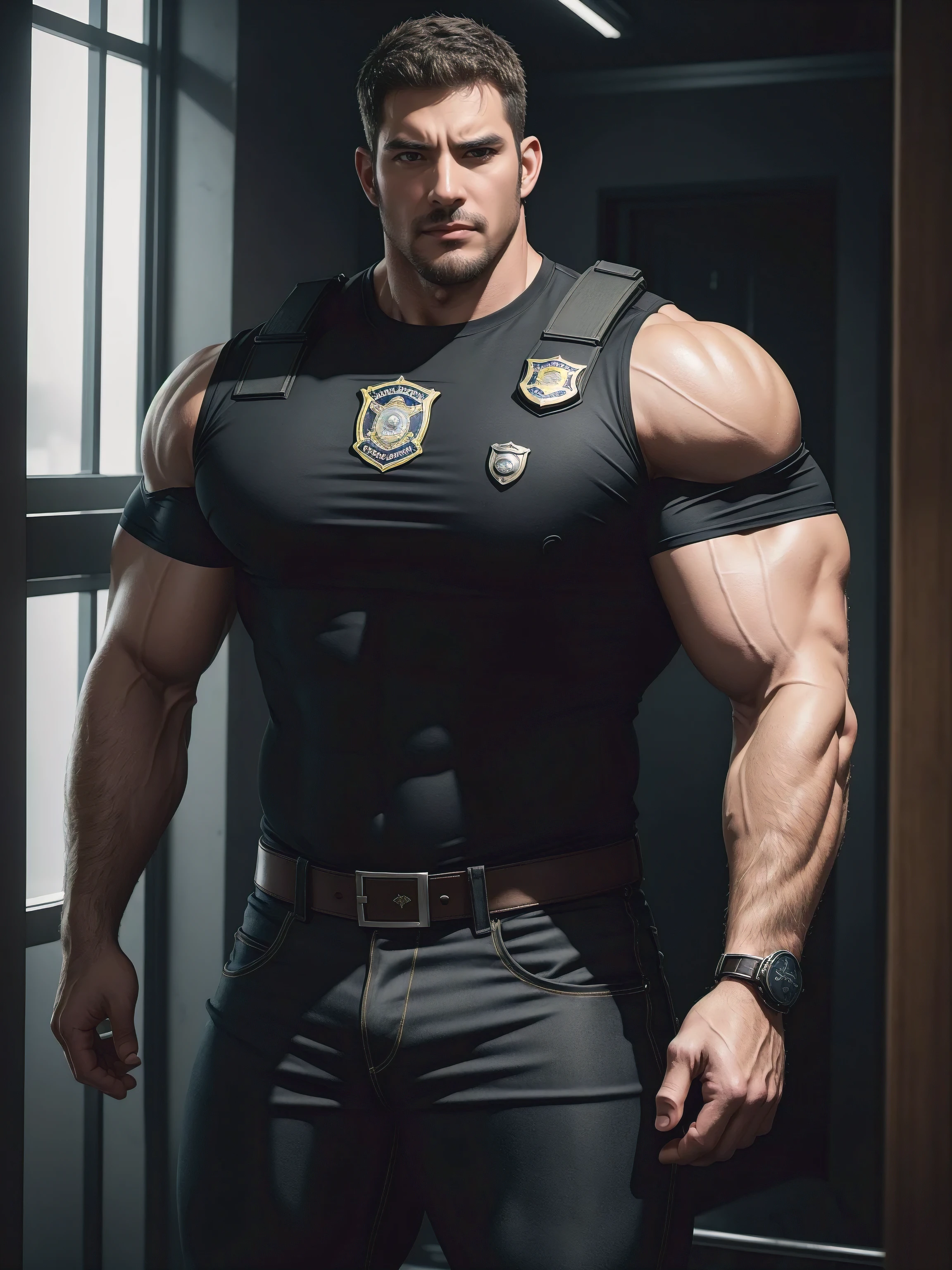 One Tall giant muscular police officer, he was angry, The expression is arrogant, Lift your chin, disheveled hair, thick thighs, Yellow and black police officer T-shirt, Very tight, Accentuate muscles, Police uniform pants, character concept(Resident Evil - chris redfield, chris redfield)proud expression, Deep and charming eyes, heroic male pose, tall burly, muscular!muscular thighs, tough guy, perfect facial features, High, burly, Heqiang, Super gain and cool, high resolution committee, Charming strong man, The bright sunshine shines on my face through the window