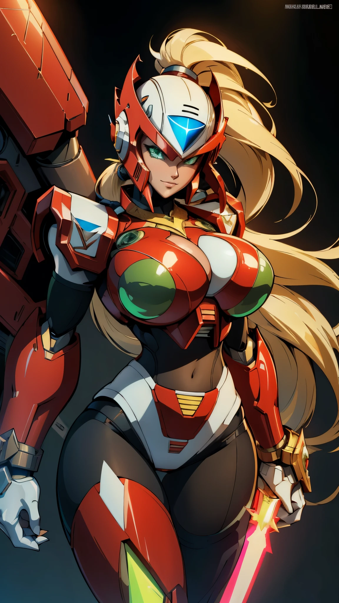 A beautiful woman, (( mecha)), sexy body figure, long legs, large breasts, detailed green eyes, beautiful face, milf, age 28, royal, long blonde color hair, ponytail, (helmet), (neutral facial expression), cleavage, Sexy body, silky hair, (holding green lazer sword), fine details, cinematic lighting, beautiful lighting effect, creative design, full frame, divine aura, shining light, perfect color transition, perfect balance of contrast, perfect color layer, perfectly smooth color blur, soft rendering, smooth color stroke, sun glare, optic lens, light ray, soft colors, smooth colors blend, perfect color rendering, harmony, perfect color harmony, light particles, perfect details, intricate details, color prism, fine details, fine armor, futuristic armor, sci fi, intricate armor details, red details, confidence smile, weapon, red and black color armor, night time, dark city, neon lights
