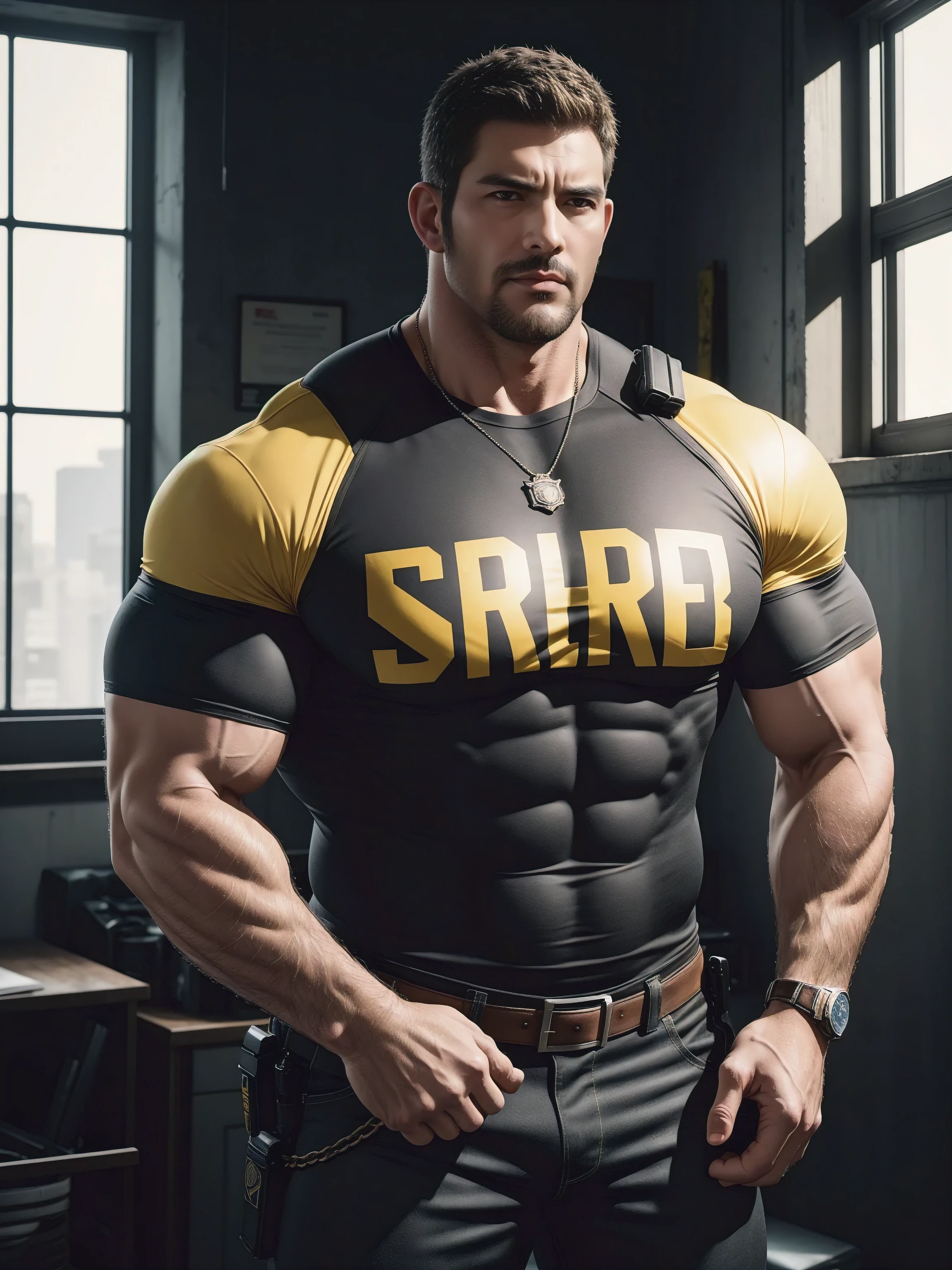 One Tall giant muscular police officer, he was angry, The expression is arrogant, Lift your chin, disheveled hair, thick thighs, Yellow and black police officer T-shirt, Very tight, Accentuate muscles, Police uniform pants, character concept(Resident Evil - chris redfield, chris redfield)proud expression, Deep and charming eyes, heroic male pose, tall burly, muscular!muscular thighs, tough guy, perfect facial features, High, burly, Heqiang, Super gain and cool, high resolution committee, Charming strong man, The bright sunshine shines on my face through the window