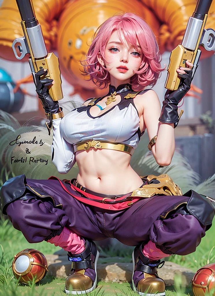 magazine cover of warrior, sexy pose, big breasts, servo armor, katana sword, pink hair, elf earns