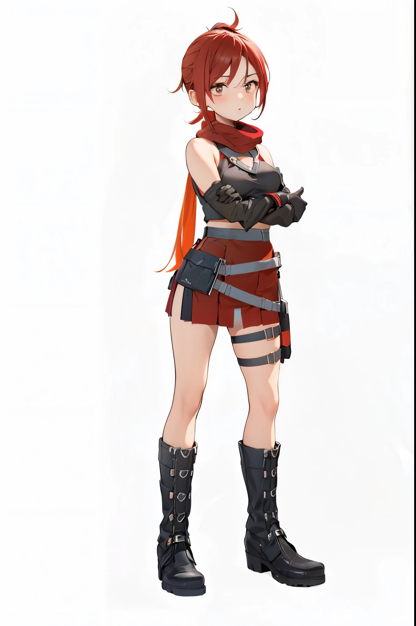 tall,beautiful girl,Tight Skirt,red muffler,ponytail,(fold your arms:1.2),glove,4k,8k,highest quality