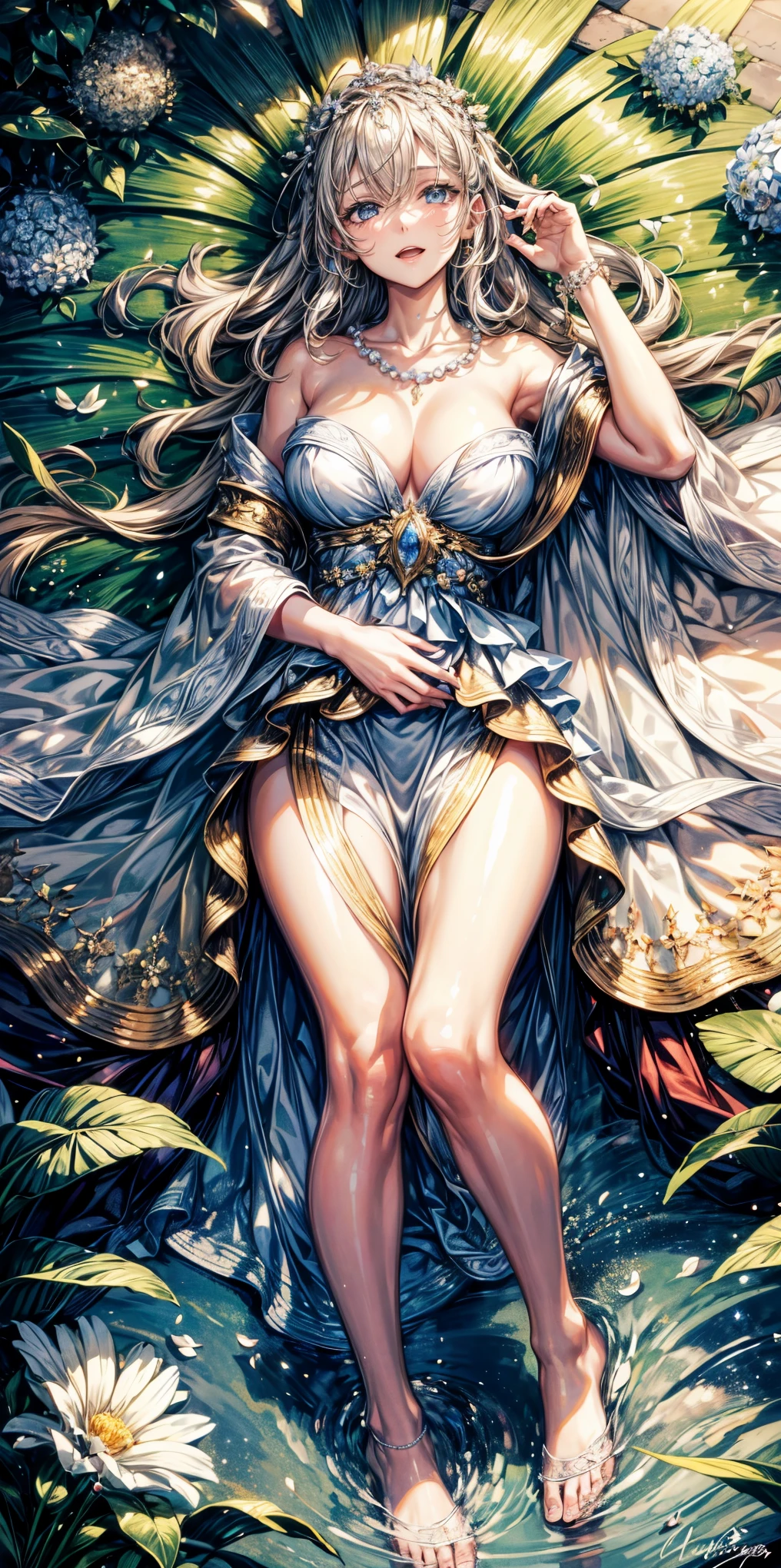 masterpiece,highest quality,Ultra high definition,helene, blonde hair, blue eyes, fair skin, white chiton, flower crown, pearl necklace,Elegant posture,smile, Lying down, invite you, Yawning, Clothes that are not revealing