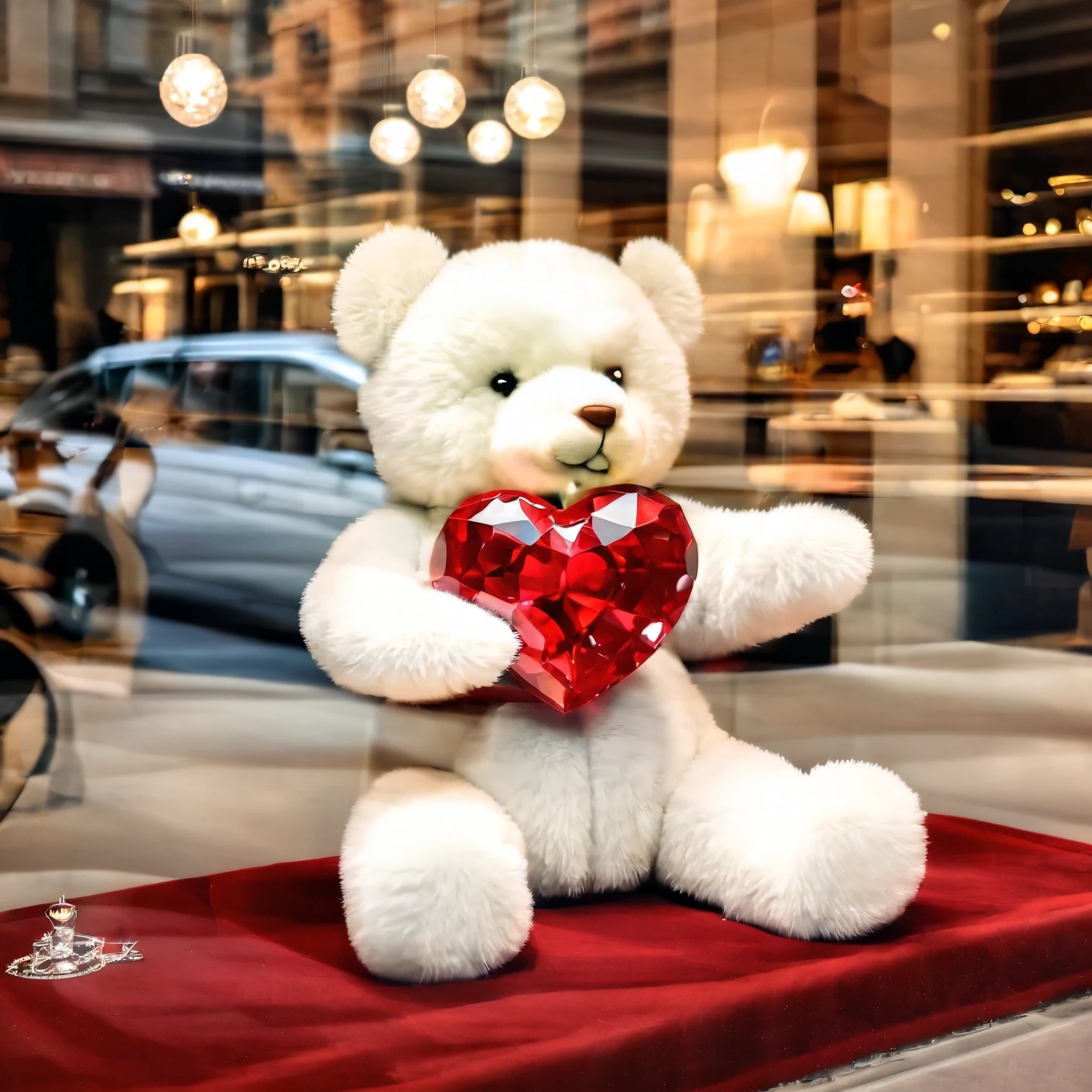 (a cute and gigantic white plush teddy bear:sitting with a huge sparkling heart-shaped ruby) plush,showcase,adorable,teddy bear,toy,white,heart-shaped,ruby,sparkling,bright,diamond-like,shiny,glowing,precious gem,window display,jewelry store