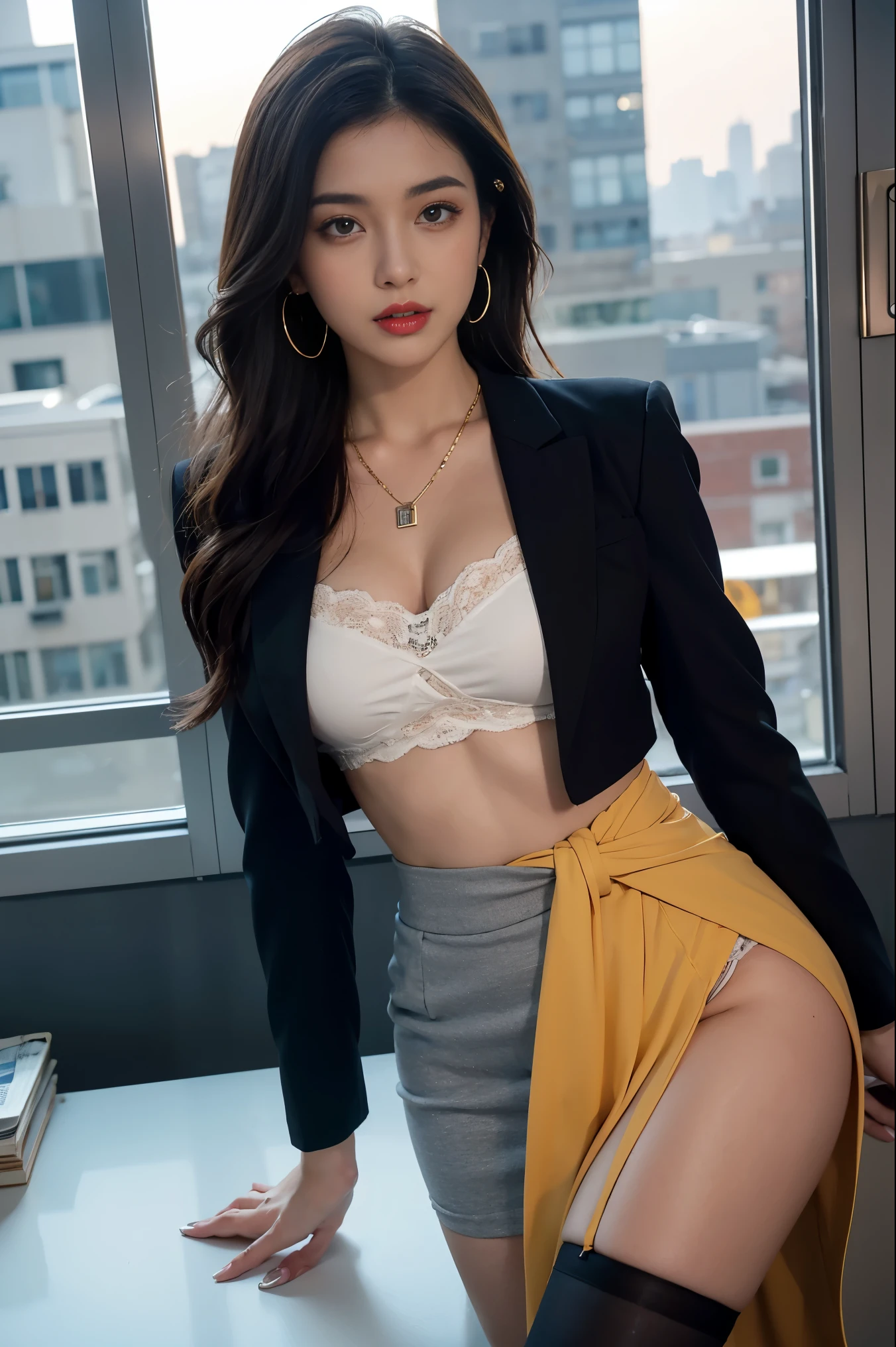 in the office,a young beautiful lady,Wear professional attire,gray blazer,Lace bandeau underwear,slit covered skirt。Bigger and wider hips,thin waist,The upper body rounder,full,Super in shape。Dressed up with jewelry,necklace,earrings,watch,High heel,black stockings。Painted with light makeup,beautiful eyeeautiful lips,very beautiful,Very temperamental。at desk,camel toe, Background modern city office buildings,Very modern,There a lot of space,Outside the window the night view of the city,Modern Shanghai city night view。8 p.m,City neon lights flashing。Professional lighting effectovie shot,intricate details,The best resolution,masterpiece。Complete fingers,intricate details