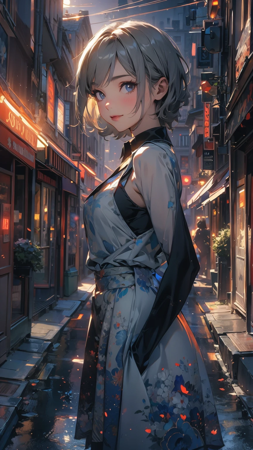 (Highly detailed CG unit 8k wallpaper, masterpiece, High resolution, highest quality, natural skin texture), Composition from head to stomach:1.5, (20 year old woman, Hands in pockets pose:1.3, smile, detailed eyes, gradient eyes), (Stalgic Fashion, detailed costume, sleeveless shirt, low rise, Asymmetrical short hair:1.2, ash gray hair), (Backstreets of Paris:1.3, Colourful flower beds along the road, cinematic lighting), high contrast, hyper realistic, digital painting, concept art,