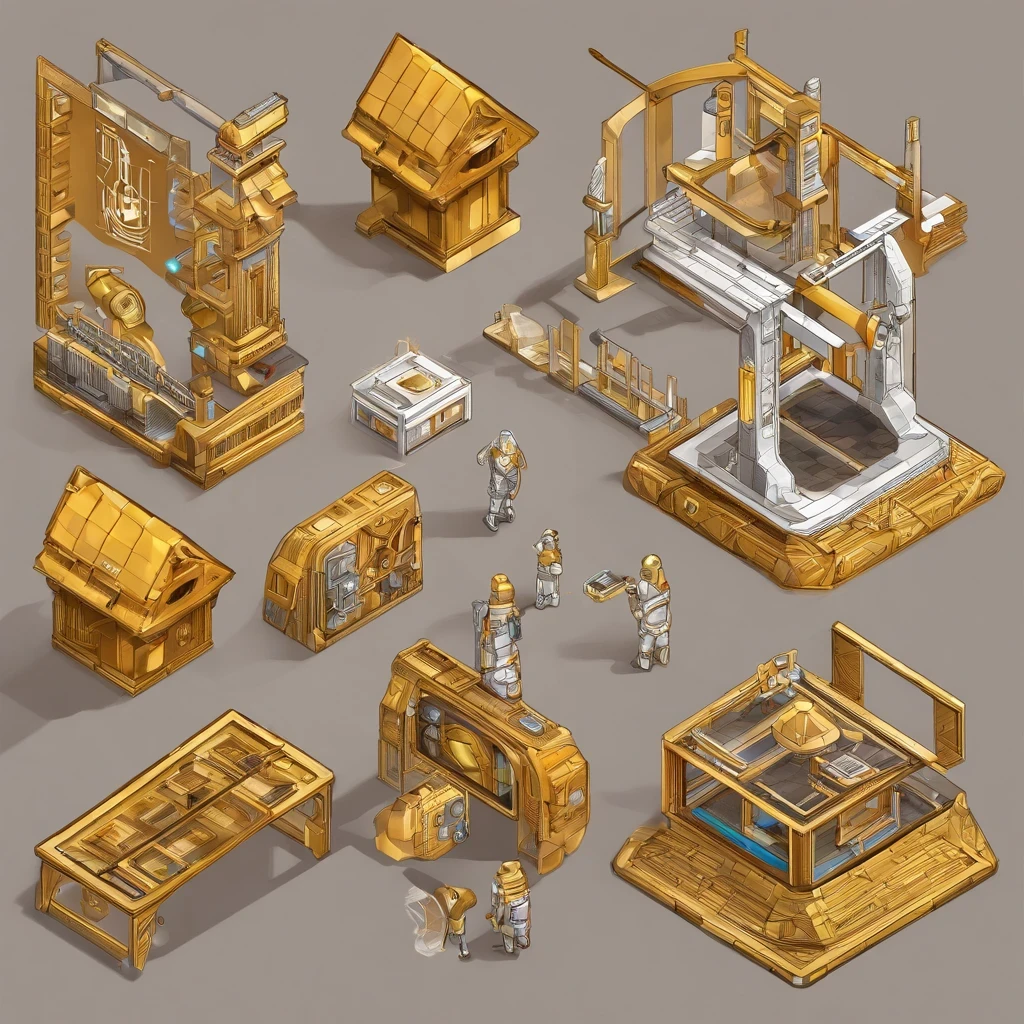 Brilliant Gold Diamond Maya Star,Copper weapons, Burlap Cape Mummy Hood Platinum Silk Cyberpunk Light Crossbow Space Station 1:90 miniatures, illustration, side view, (side view), Wear gold-rimmed reflective sunglasses, Carrying future weapons, very happy, side view, whole body, 3d, (Clay paint) octane rendering, perfect appearance, collagen(((Isometric art)))