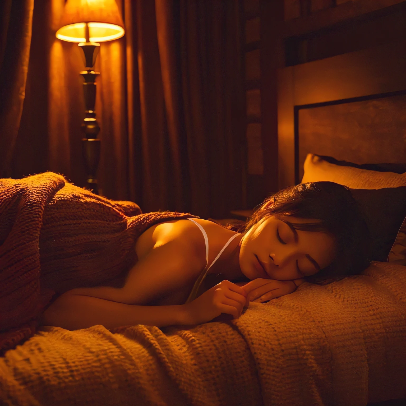 4K, 8K, masterpiece, best quality, Upper body,indoors, dim, The age of the actress is 23 years old, Sleep at night，warm atmosphere