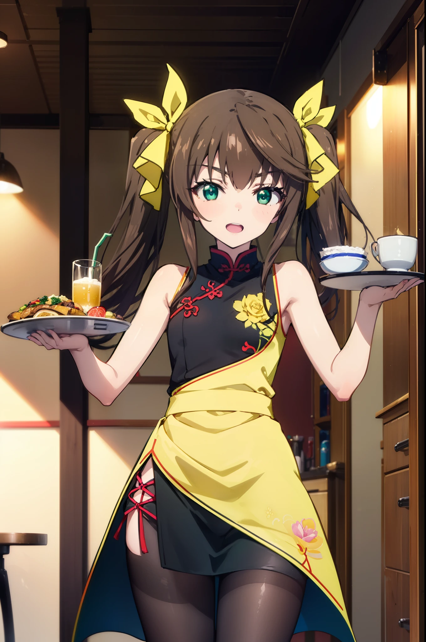 Lin Yin Huang, Huang Lingyin, long hair, brown hair, ribbon, twin tails, (green eyes:1.3), hair ribbon, tooth, smile, open your mouth,yellow cheongsam clothes,Yellow slit skirt,black pantyhose,stiletto heels,food, drink, Tables and chairs, cleaning, tray, tray in one hand
break indoors, Chinese style restaurant,
break looking at viewer, (cowboy shot:1.5),
break (masterpiece:1.2), highest quality, High resolution, unity 8k wallpaper, (figure:0.8), (detailed and beautiful eyes:1.6), highly detailed face, perfect lighting, Very detailed CG, (perfect hands, perfect anatomy),