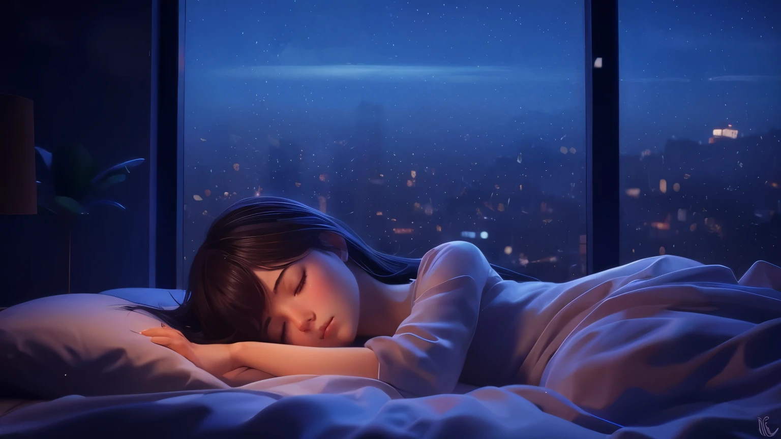 A woman sleeping in bed,The view of the city is out the window, calm night. digital illustration, dream night, digital art Ilya Kuvshinov, anime art wallpaper 8k, 4k anime wallpaper, Ilya Kuvshinov. 4k, Anime Art Wallpaper 4k, Anime Art Wallpaper 4k, anime wallpaper 4k, anime wallpaper 4k