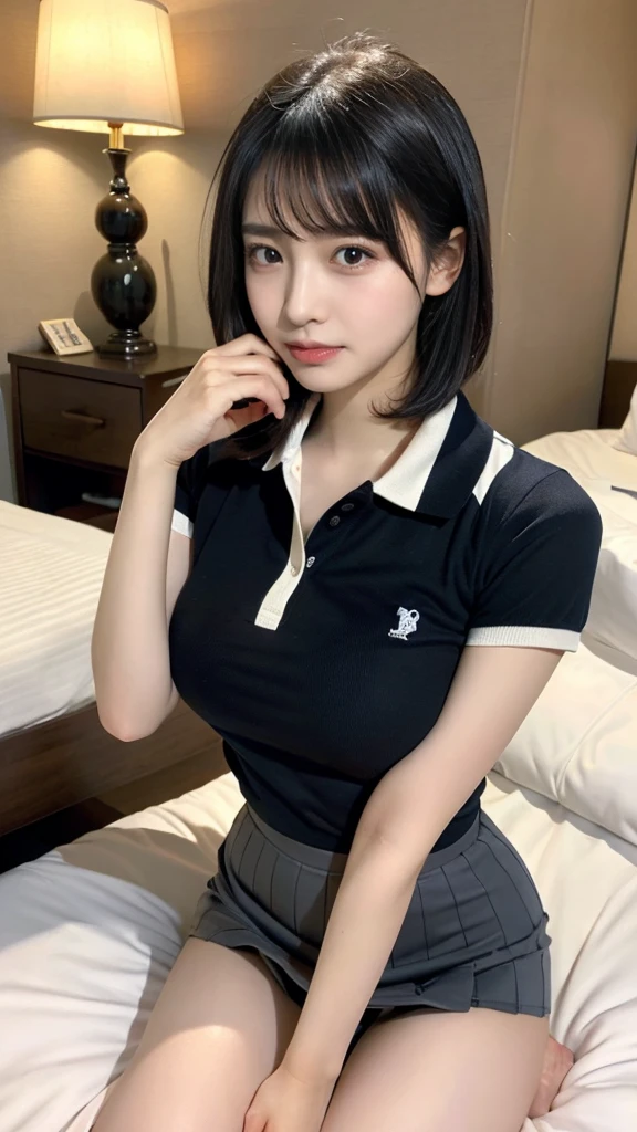 muste piece, best quality, illustration, Super detailed, fine details, High resolution, 8K,wall paper, perfect dynamic composition,(Details High quality, realistic depiction of eyes:1.3), (Polo shirt with collar), pleated skirt, big breasts, short bob hair、black hair color, Big Natural Color Lip, bold sexy pose, (perfect body shape), crying a little、cold gaze, Harajuku style、20 year old girl、cute type、lolita、beautiful legs, hotel room, hposing Gravure Idol, Voluptuous thighs