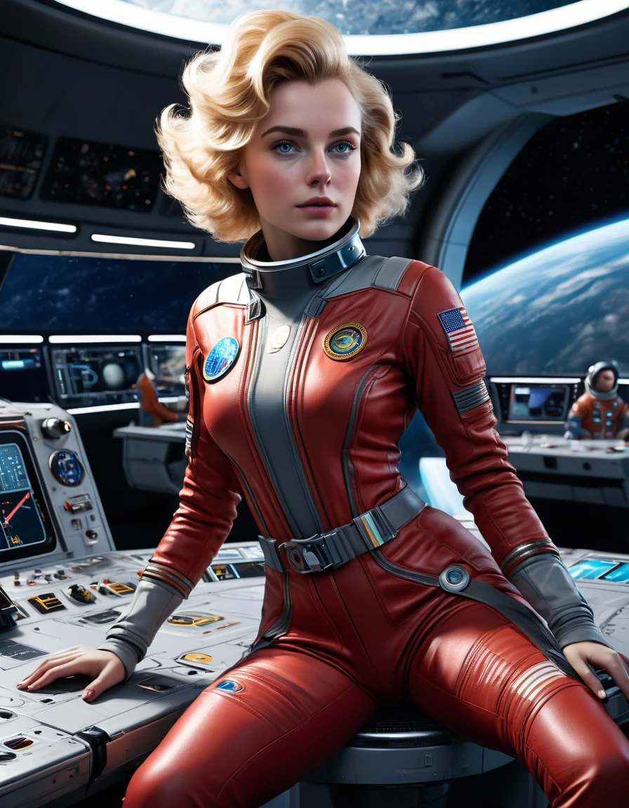 (masterpiece, best quality, illustration, unreal engine 5, official art:1.3), Rich Red color scheme, Don Lawrence hyper realistic picture of 24 yo Blond Haired [Marilynn Monroe:Maude Adams:0.45] as a Female Space Explorer, a technocratic, omnivorous, iridescent, astronaut commander, (sitting in a starbase control room:1.2),detailed face, detailed hair, detailed eyes, perfect fingers, insanely intricate detail, absurdres, 8k