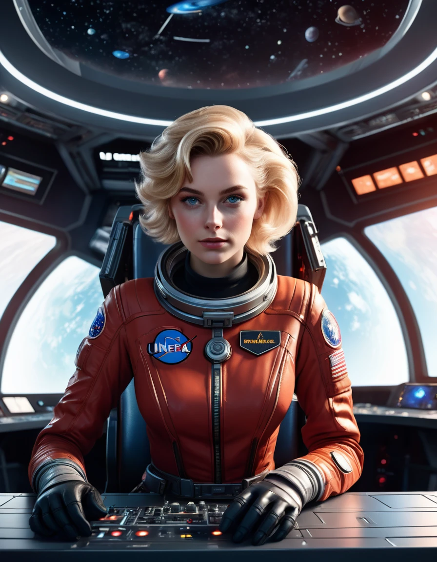 (masterpiece, best quality, illustration, unreal engine 5, official art:1.3), Rich Red color scheme, Don Lawrence hyper realistic picture of 24 yo Blond Haired [Marilynn Monroe:Maude Adams:0.45] as a Female Space Explorer, a technocratic, omnivorous, iridescent, astronaut commander, (sitting in a starbase control room:1.2),detailed face, detailed hair, detailed eyes, perfect fingers, insanely intricate detail, absurdres, 8k