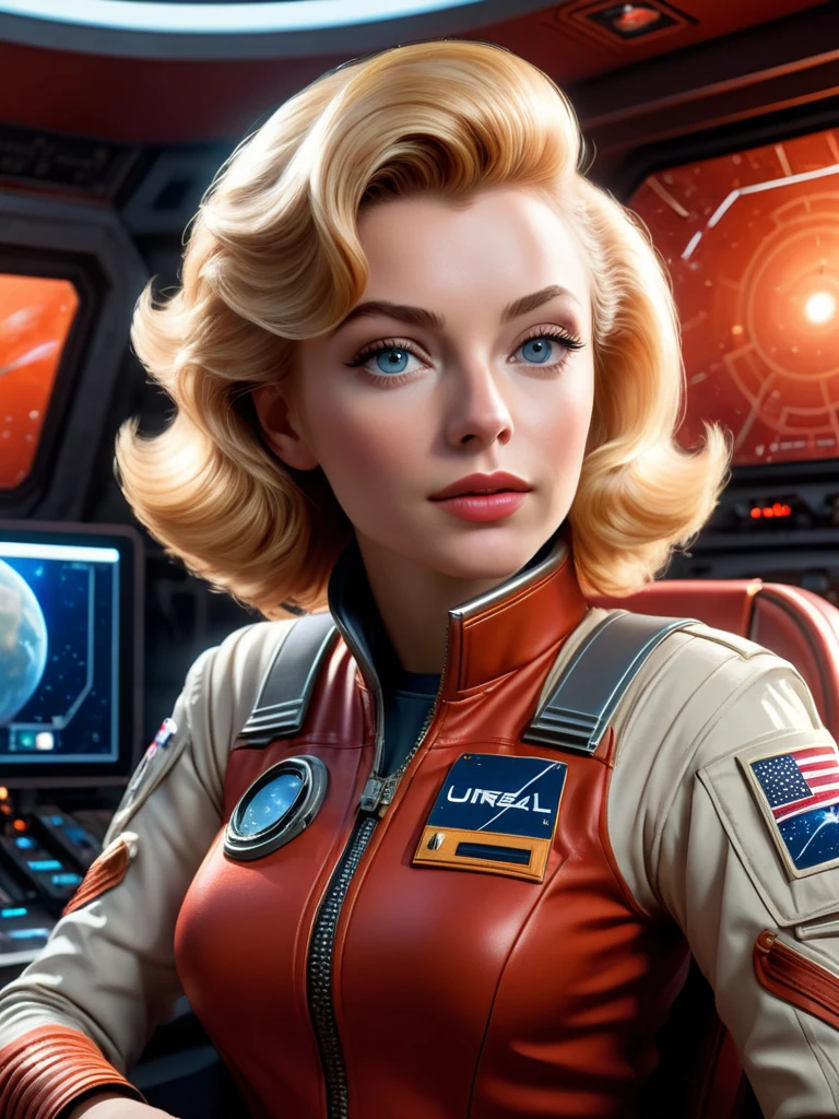 (masterpiece, best quality, illustration, unreal engine 5, official art:1.3), Rich Red color scheme, Don Lawrence hyper realistic picture of 24 yo Blond Haired [Marilynn Monroe:Maude Adams:0.45] as a Female Space Explorer, a technocratic, omnivorous, iridescent, astronaut commander, (sitting in a starbase control room:1.2),detailed face, detailed hair, detailed eyes, perfect fingers, insanely intricate detail, absurdres, 8k