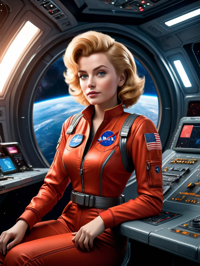 (masterpiece, best quality, illustration, unreal engine 5, official art:1.3), Rich Red color scheme, Don Lawrence hyper realistic picture of 24 yo Blond Haired [Marilynn Monroe:Maude Adams:0.45] as a Female Space Explorer, a technocratic, omnivorous, iridescent, astronaut commander, (sitting in a starbase control room:1.2),detailed face, detailed hair, detailed eyes, perfect fingers, insanely intricate detail, absurdres, 8k
