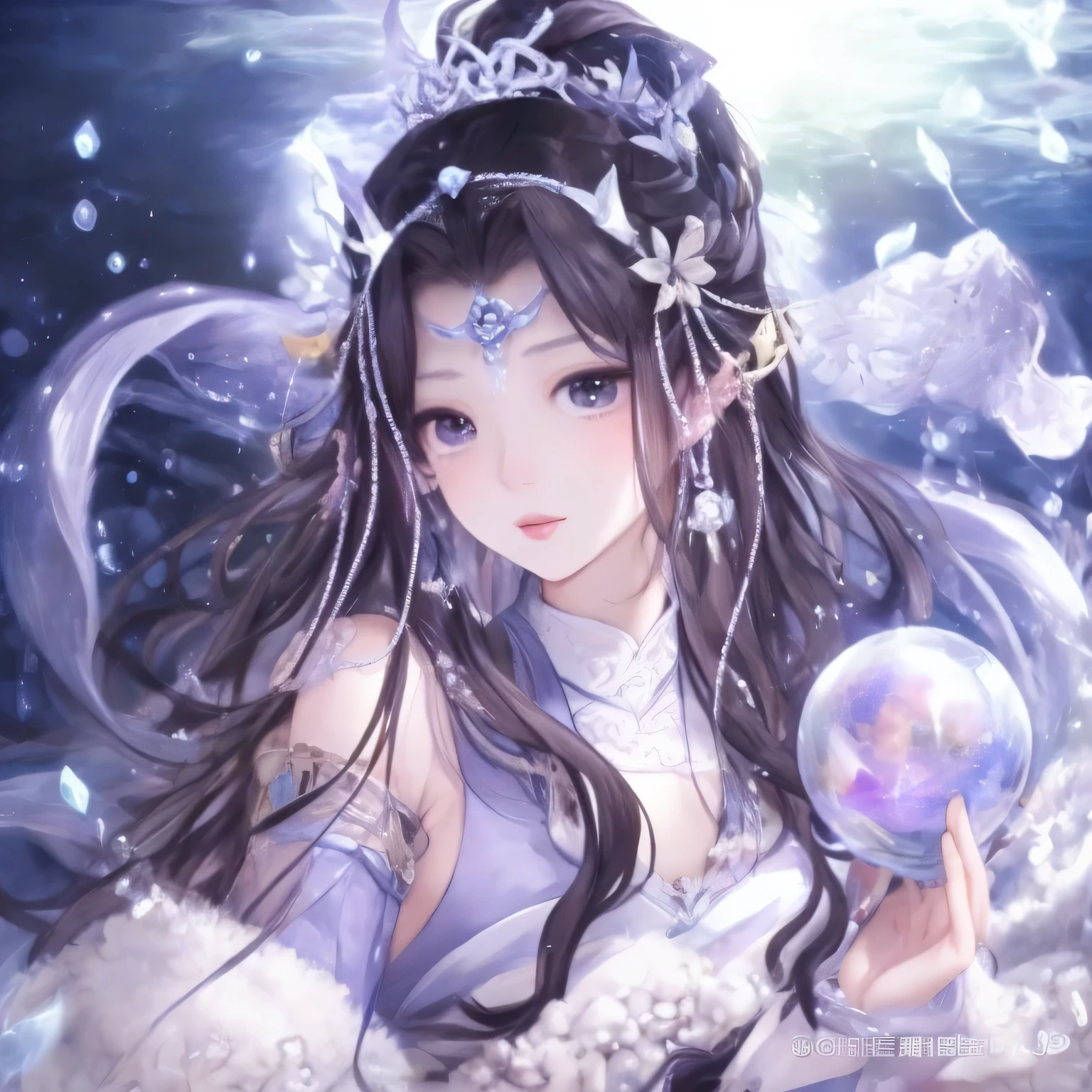 long hair、Purple,Anime girl holding a crystal ball, Queen of the Sea Mu Yanling, ((beautiful fantasy queen)), beautiful fantasy queen, Beautiful celestial mage, guweiz, xianxia fantasy, author:Yang Jie, Beautiful fantasy anime, Ethereal fantasy, Asian female water element, by Li Fangying, by Qu Leilei