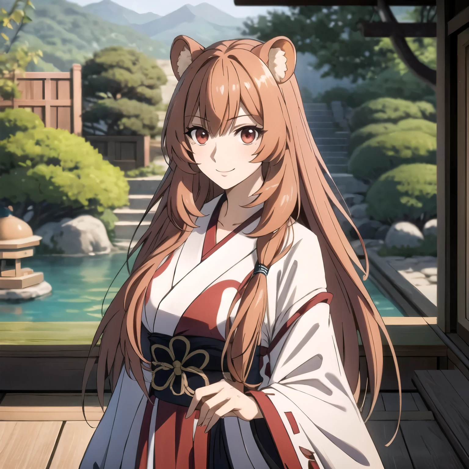 Raphtalia, atractiva mujer. orejas de oso, cabello naranja brillante, red eyes like rubies, sonrisa picara, pechos grandes, ropa un Quimono con pecho abierto, background of a japanese garden. escote, pechos enormes escote.