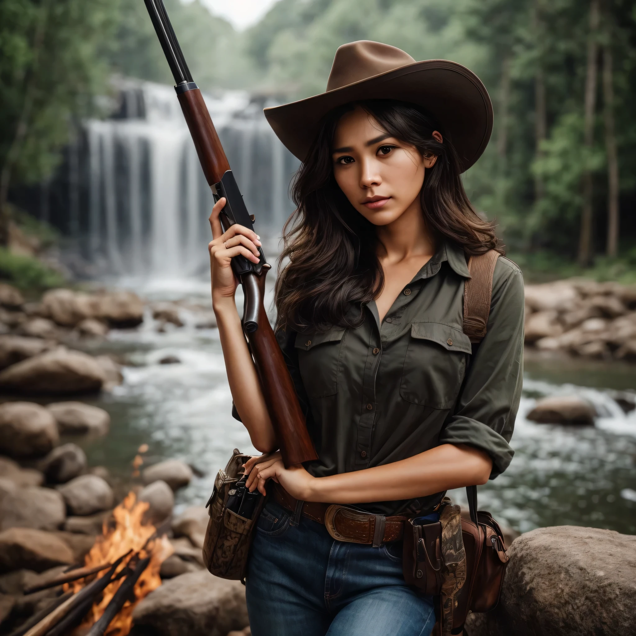 man,hero,32 years old,Wear a hunting shirt,Wearing a cowboy hat.,full body view, Special handsome face, Front focus on the camera,  short beard, black hair ((tan skin)), ((pearl skin)), (((full body))), Olsen01, ((Looking at the camera)), portrait of ((Remarkably charming)) man ((perfect male face)), complicated, 8k, Highly detailed, (Very detailed CG unity 8k wallpaper.), ((square jaw)), (well defined jaw), (depressed lips), (anatomy details),