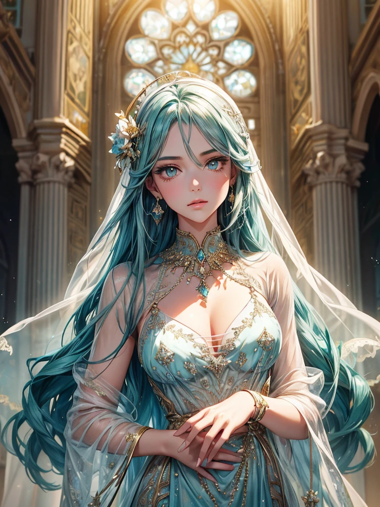 (best quality, high resolution, masterpiece:1.2), Super detailed, Beautiful and delicate lake green eyes, Beautiful and delicate lips, extremely detailed face, super long hair, 1 girl, Beautiful girl with aqua blue hair, Wearing a royal blue royal costume, see-through chiffon platinum shawl, (gold ornaments), golden and silver pattern, (light blue pattern), (complex pattern:0.7), Lovely, attractive, portrait, delicate eyes, ancient church, Luminous earrings, Reflective pupil, see-through clothing design, (empty:0.7), chiffon, (see-through chiffon), (lace:0.7), black gloves, Gem necklace, Diamond ring, Diamond hairpin, Cubist Futurism, anime, 8K, textured skin, UHD, ccurate, super detail