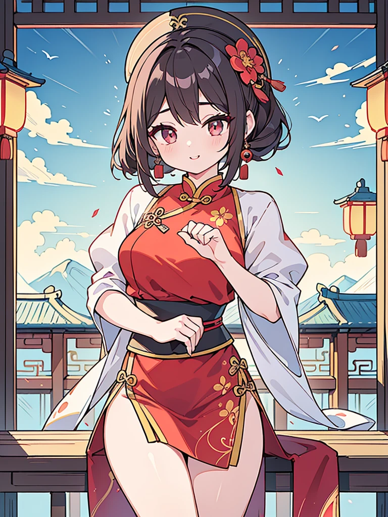 (best quality,4k,8k,highres,masterpiece:1.2),Chinese hairstyle,red cheongsam,traditional Chinese martial arts pose,cute girl,exquisite and detailed facial features,long eyelashes,beautiful detailed eyes,beautiful detailed lips,girl with a graceful smile,Chinese garden background,soft lighting,traditional Chinese architecture,subtle colors,beautifully painted illustrations,artistic interpretation, eye-catching accessories,hair ornaments that complement the hairstyle,delicate and elegant movements,flowing fabric of the cheongsam,Chinese fan,graceful posture,aesthetic appeal,harmonious composition, high contrast, clean lines, digital painting, vivid colors