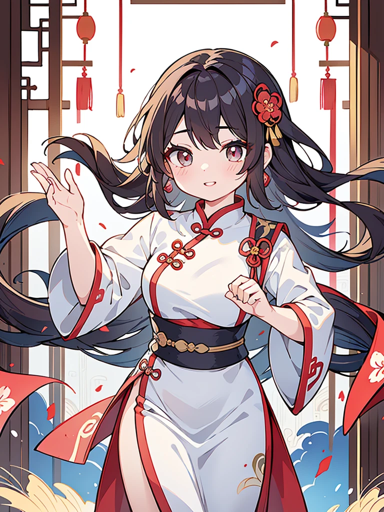 Cute young Jiangshi girl, alone, Twin braids and blunt bangs frame her red eyes.. she、Wearing a blue crown decorated with bills and traditional Chinese costume。. she小さな牙をむき出しにして爪を立てるポーズをとっている.