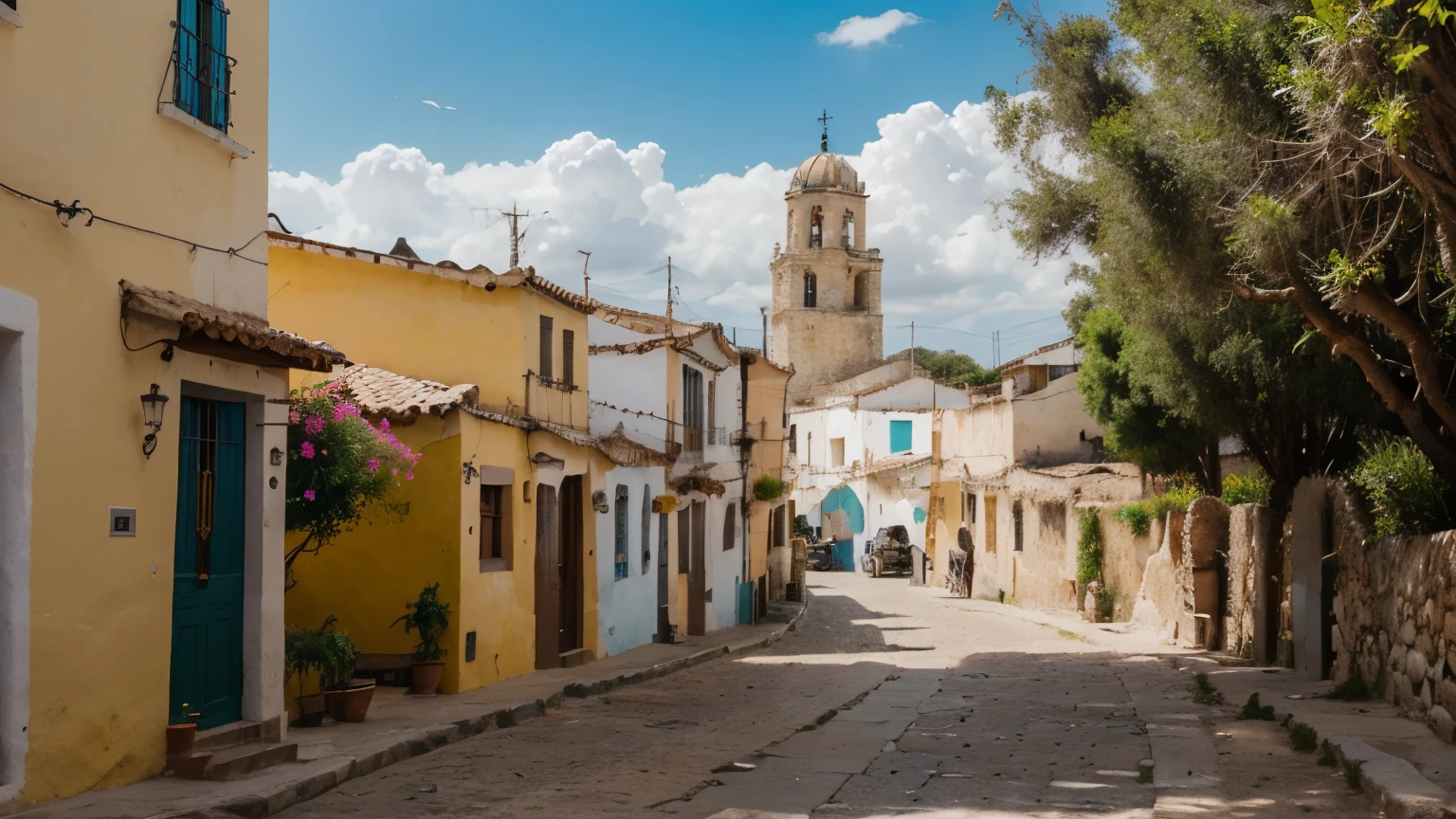 ((encantador pueblo magico mexicano))，Con calles adoquinadas, en una hermosa tarde de verano，Las ventanas de la casa se llenan de hermosas flores., fuente, comedor, bread shops and church with gentehermosa de figura perfecta, gente feliz de proporciones perfectas, Mesas y sillas en la calle.((gran profundidad de campo)),(((Mejor calidad,4k,8K,high resolution,obra maestra:1.2))),((ultra detallado,realista, vibrante colors, HDR, pintoresco, vista impresionante)), Paisajes de puebla, morelia, encantador pueblo , calles pintorescas, vistoso, Sunny day,(carreta antigua)
