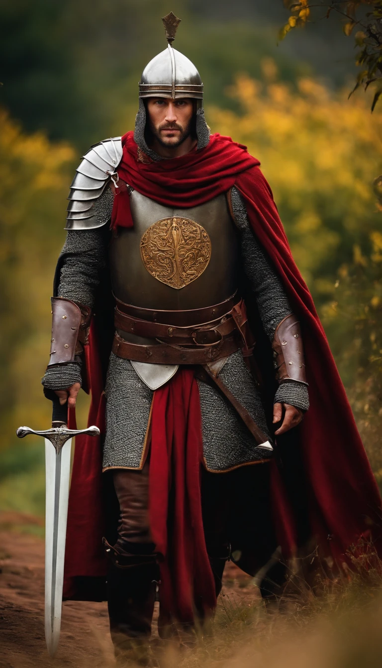 homem usando uma armadura medieval que tem uma capa vermelha, segura uma linda espada em chamas, Rei Artur, medieval ((Melhor qualidade)), ((obra de arte)), (detalhado), rosto perfeito