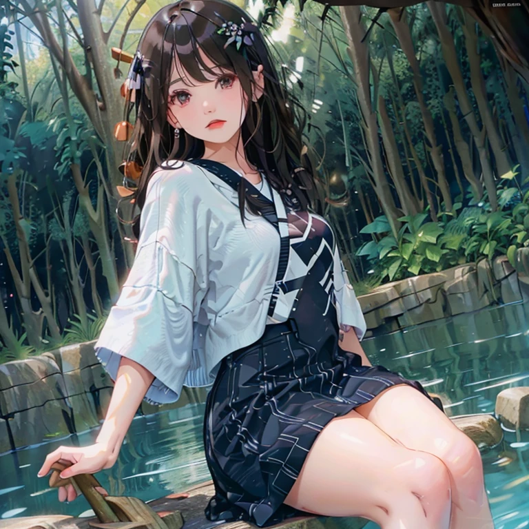 Mujer joven, cabello largo negro y lacio, ojos azules, con kimono blanco y negro, sitting next to a river, en un bosque con lirios blancos, con mirada inocente, costeniendo en sus manos un lirio