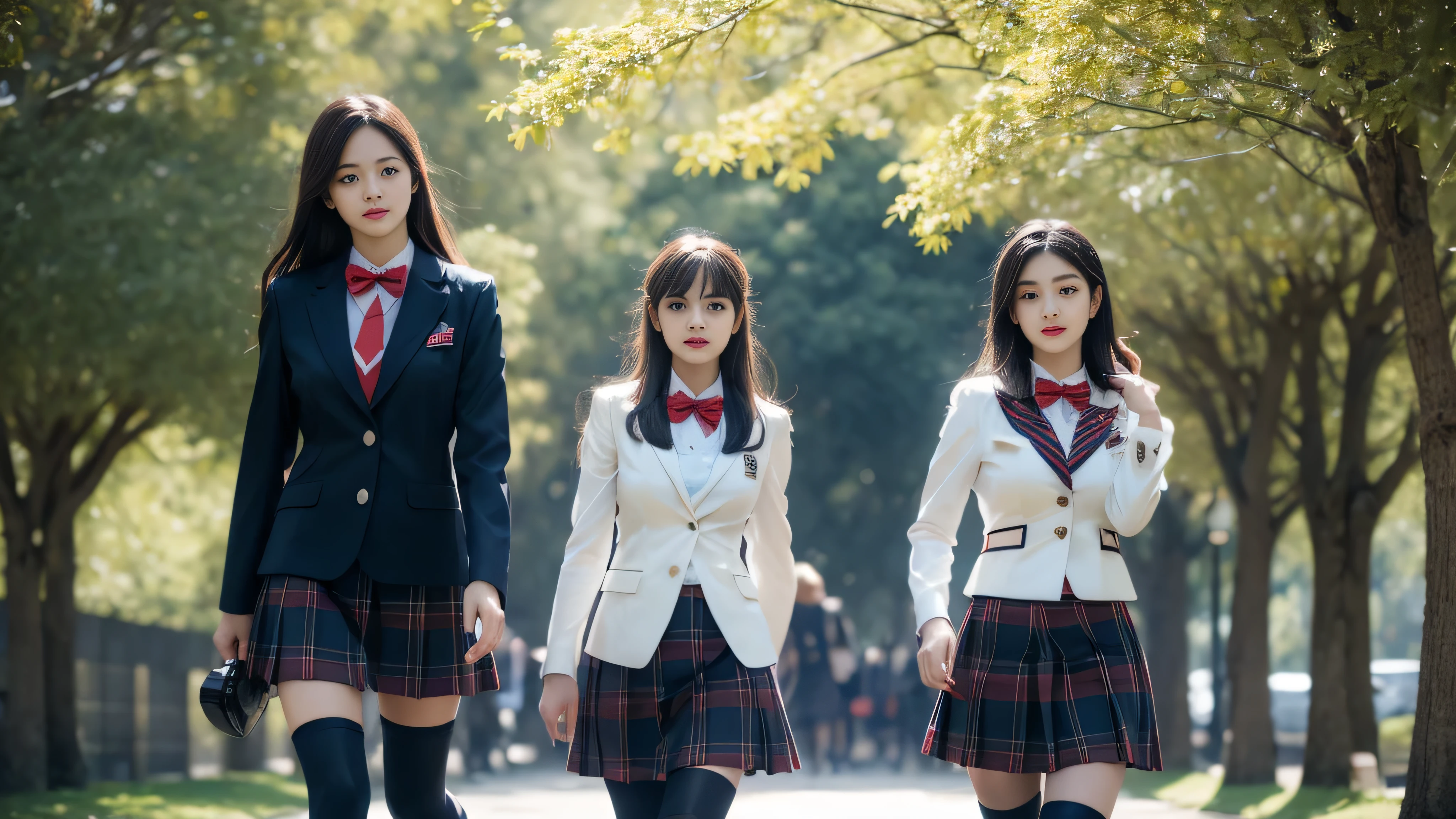 (( Girls walking along the ginkgo trees)),Charming eyes,Heartwarming action,Turn your face away from the camera,stooped,Bend over,turn back,Look up at your head,thick and long black hair,Highly detailed body,Highly detailed face,best qualtiy、(P iNK underwear),(High School Girls),((White Blazer、emblem on breasts))、((Translucent blouse)),((red bowtie)),((navy check flare skirt)),(black stocking loafers