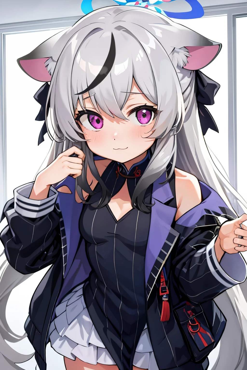 tmasterpiece, best qualtiy, ultra - detailed, 1girll,Gray hair Kokona, inside in room, Purple eye, :3,the face closeup cleavage, Winter suit, winter wonder