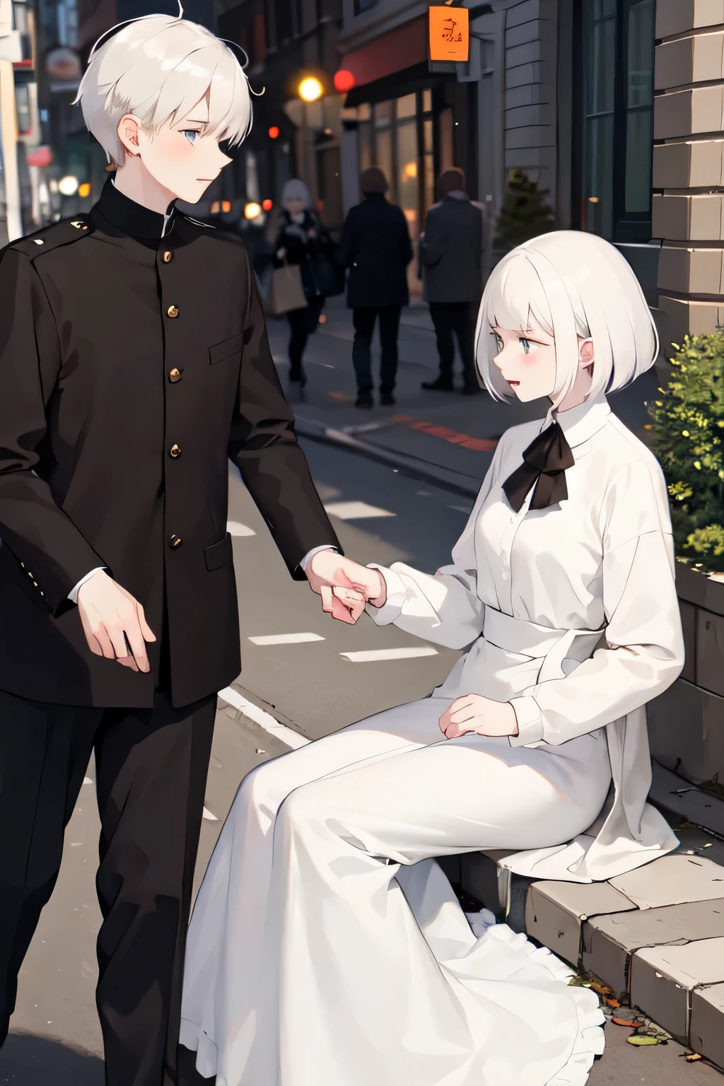 White-haired young man helping a fallen brunette woman on the street