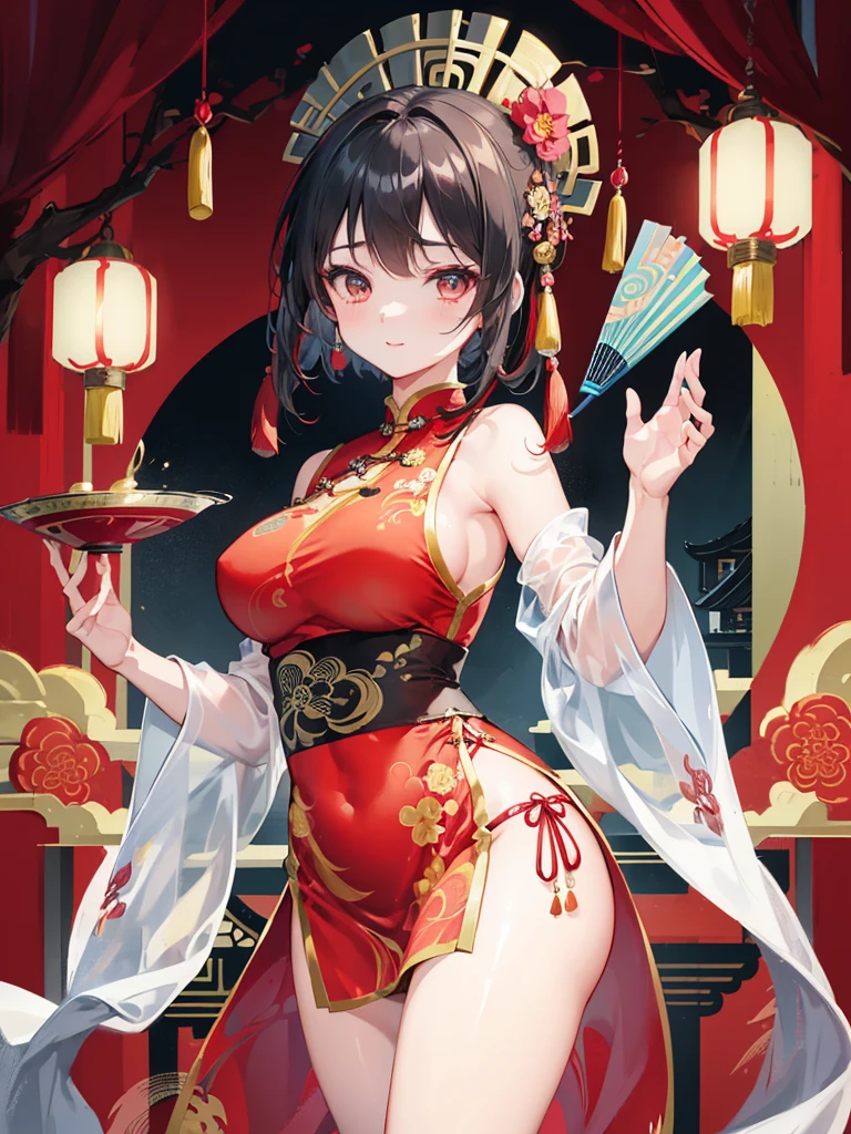 (best quality,4k,8k,highres,masterpiece:1.2),Chinese hairstyle,red cheongsam,traditional Chinese martial arts pose,cute girl,exquisite and detailed facial features,long eyelashes,beautiful detailed eyes,beautiful detailed lips,girl with a graceful smile,Chinese garden background,soft lighting,traditional Chinese architecture,subtle colors,beautifully painted illustrations,artistic interpretation, eye-catching accessories,hair ornaments that complement the hairstyle,delicate and elegant movements,flowing fabric of the cheongsam,Chinese fan,graceful posture,aesthetic appeal,harmonious composition, high contrast, clean lines, digital painting, vivid colors