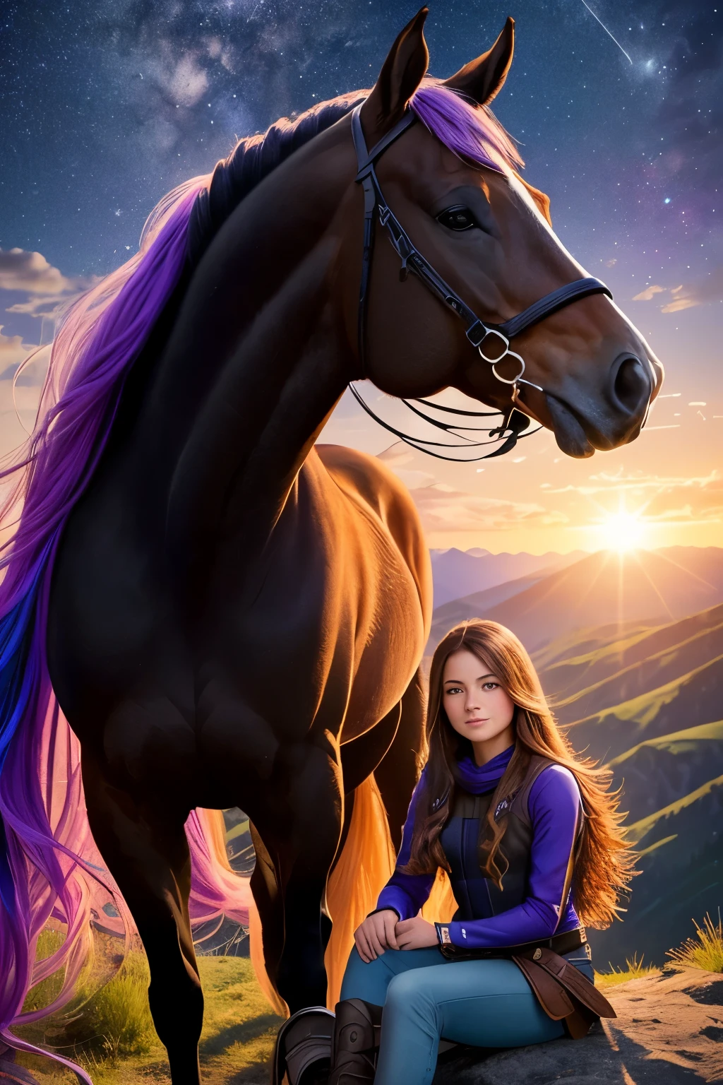 A young girl, dressed in riding gear, sits confidently atop a majestic horse as the sun sets on the mountain peak. The astrological night sky above is painted with a myriad of twinkling stars, their light cascading down in a breathtaking display. The background transitions seamlessly from a deep, velvet black to a canvas of neon blue and purple hues, creating a romantic yet modern atmosphere. The realistic, detailed rendition of the horses' mane and the girl's flowing hair blend harmoniously with the vividly colored backdrop. The scene exudes a sense of adventure and serenity, captured in a hyper-sharp, professional photograph. Taken using a Can