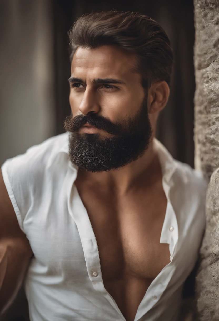 Muscular Brazilian man with beard and mustache in white shirt, La mejor calidad,4k,8K,Hombre muy atractivo con barba, Vello facial bien cuidado, Pescador, Impresionante, realista, Imagen ultrarrealista, Bigote natural, Hombre viejo,foto retrato suave 8 k, Retrato muy detallado, Bigote grueso, Estilo hiperrealista, Barba fina y brillante, vello facial corto, Barba incipiente, Pescador, cara detallada, Retrato ultra realista, cabello canoso,traje elegante, boca abierta,