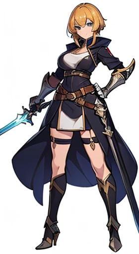(((Best Quality))) , ((full body)), female, reference sheet, solo, (white background), holding sword, gauntlets, high fantasy clothes,