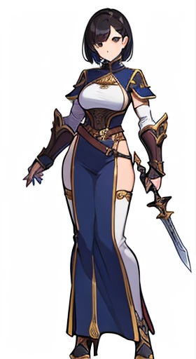 (((Best Quality))) , ((full body)), female, reference sheet, solo, (white background), holding sword, gauntlets, high fantasy clothes,