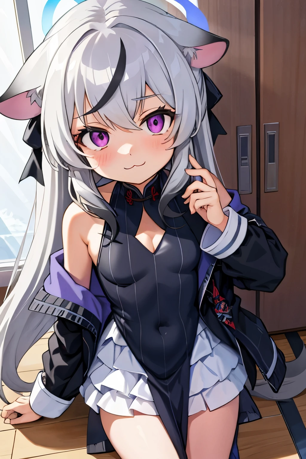 tmasterpiece， best qualtiy， ultra - detailed， 1girll，Gray hair Kokona， inside in room， Purple eye， ：3，the face  closeup cleavage,  Winter suit, winter wonder