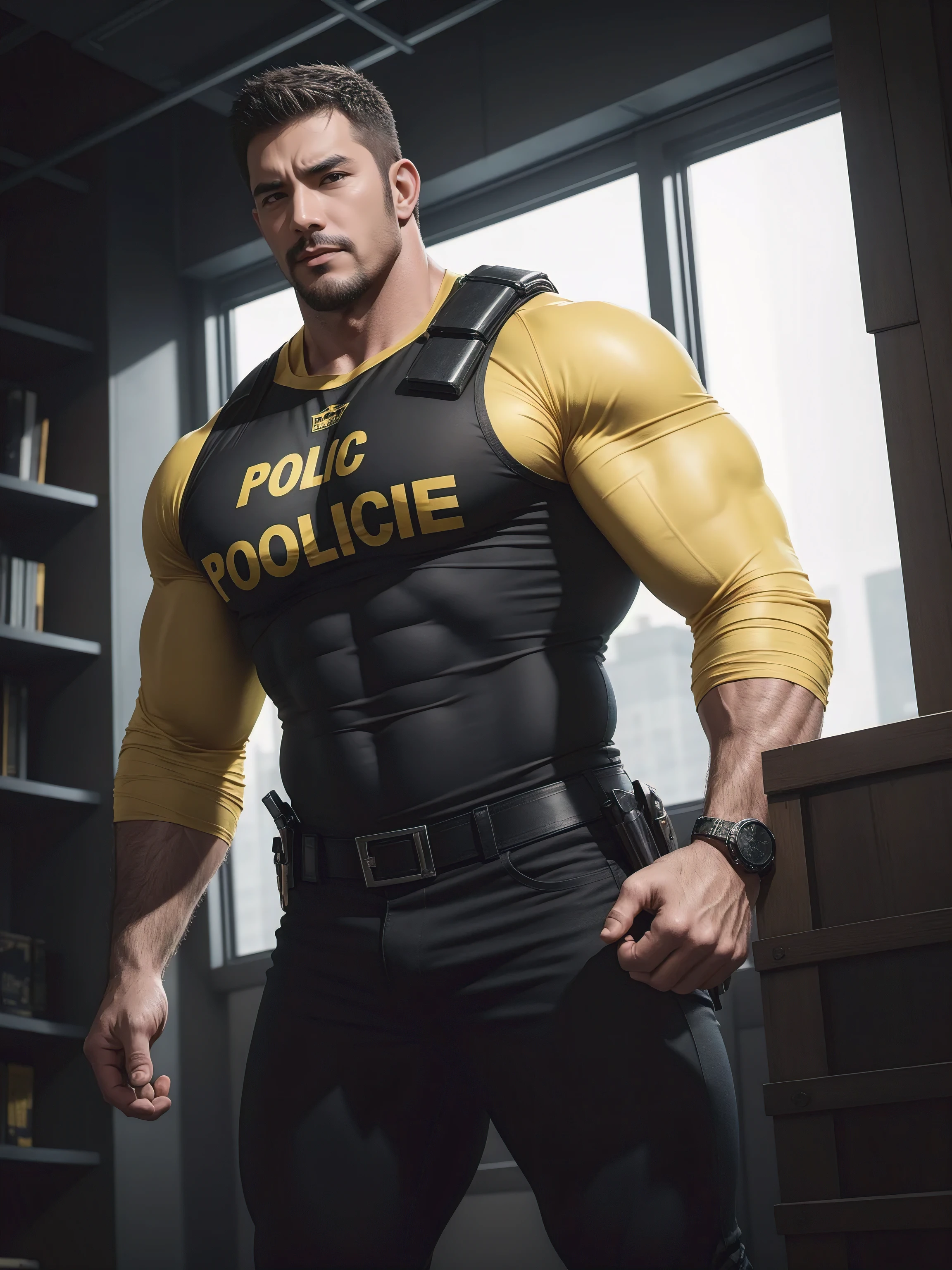 One Tall giant muscular police officer, Yellow and black police uniform, The expression is arrogant, Lift your chin, disheveled hair, thick thighs, Yellow and black police officer T-shirt, Very tight, Accentuate muscles, Police uniform pants, character concept（Resident Evil - chris redfield, chris redfield）proud expression, Deep and charming eyes, heroic male pose, tall burly, muscular！muscular thighs, tough guy, perfect facial features, High, burly, Heqiang, Super gain and cool, high resolution committee, Charming strong man, The bright sunshine shines on my face through the window