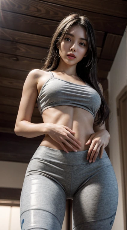 best quality, masterpiece, High resolution, 8K, (actual: 1.4), Ultra High resolution, 1 girl, Super detailed, surreal, Highly detailed CG illustrations, official art, film light, Reality, beautiful young girl, Perfect body, Perfect body, full view, Perfect body, (start from below: 1.3), mask, posture, Sexy long legs, confident, Beautiful and sexy, Grey yoga clothes, open belly, Yoga shorts, S-shaped body, Buttocks upturned, hypothesis, 摆posture, Different perspectives