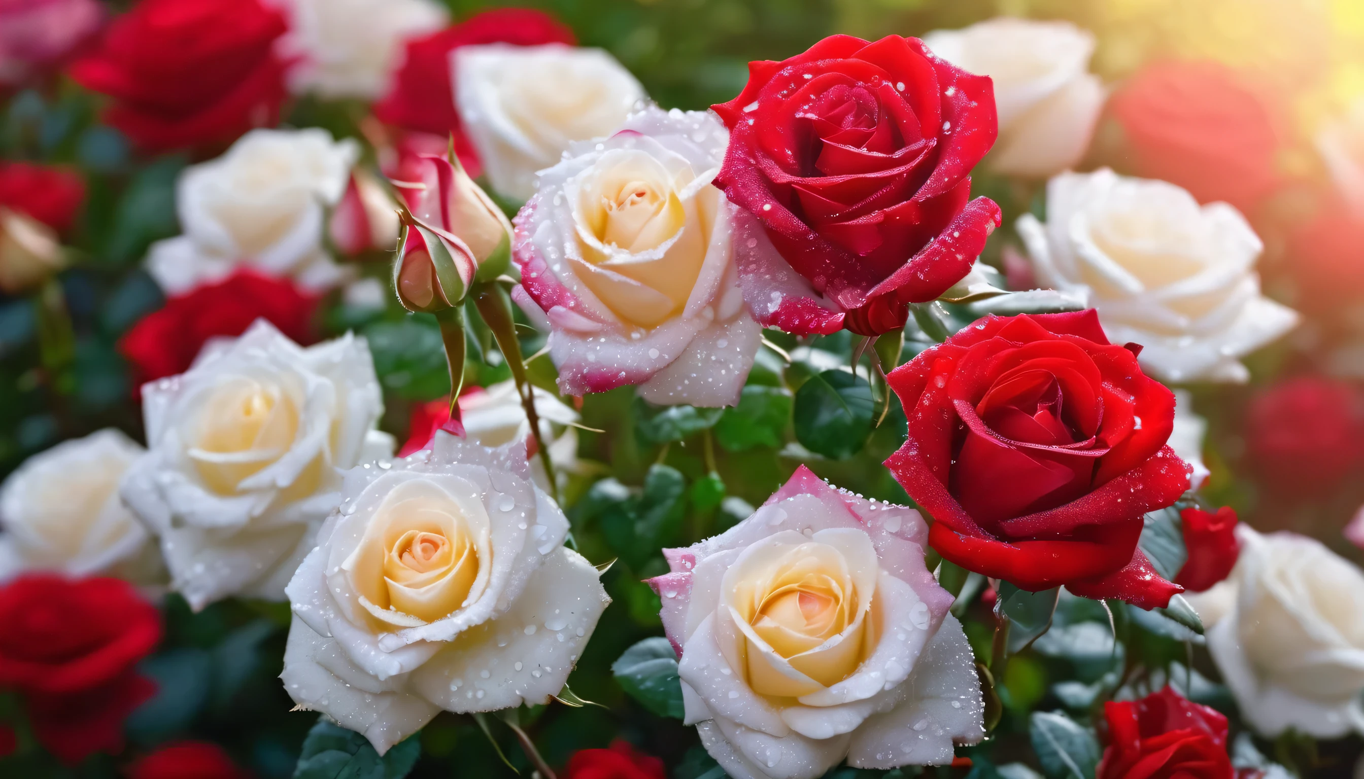 Many red and white color rose flowers in the garden and sunlight with bokeh, dew drops on flower petalasterpiece, ultra quality, high resolution, 8k, intricate: 1.2), (masterpiece), (best quality:1)