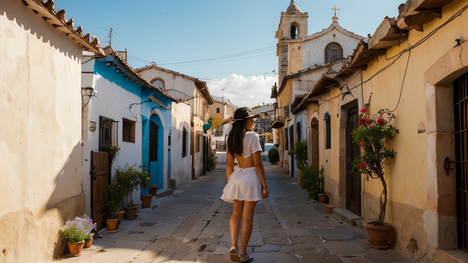 ((encantador pueblo magico mexicano)),Con calles adoquinadas, en una hermosa tarde de verano,Las ventanas de la casa se llenan de hermosas flores.,((pozo de agua antiguo)), comedor, bread shops and church with gentehermosa de figura perfecta, gente feliz de proporciones perfectas, Mesas y sillas en la calle.((gran profundidad de campo)),(((Mejor calidad,4k,8K,high resolution,obra maestra:1.2))),((ultra detallado,realista, vibrante colors, HDR, pintoresco, vista impresionante)), Paisajes de puebla, morelia, encantador pueblo , calles pintorescas, vistoso, Sunny day,((carreta antigua)),(((hermosa mujer morena de cuerpo perfecto con tinajas de agua)))