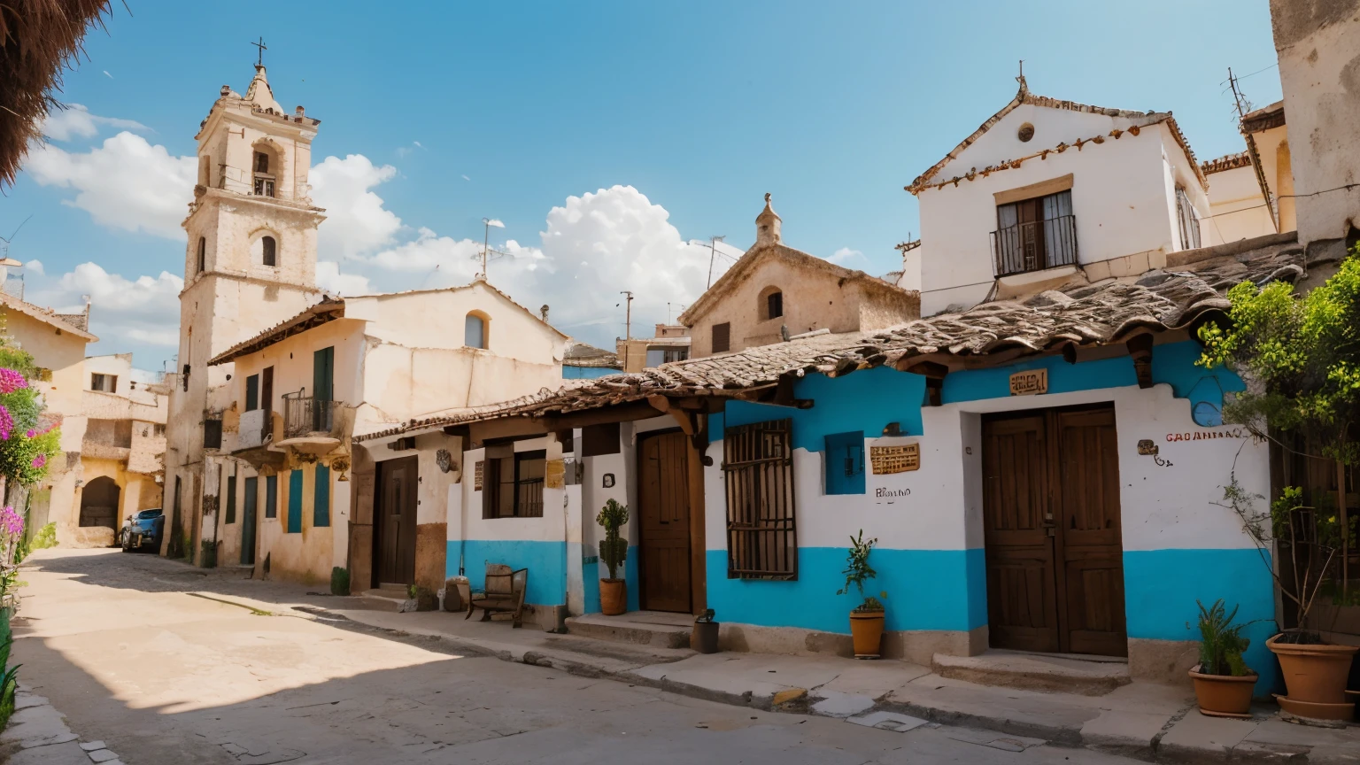 ((encantador pueblo magico mexicano)),Con calles adoquinadas, en una hermosa tarde de verano,Las ventanas de la casa se llenan de hermosas flores.,((pozo de agua antiguo)), comedor, bread shops and church with gentehermosa de figura perfecta, gente feliz de proporciones perfectas, Mesas y sillas en la calle.((gran profundidad de campo)),(((Mejor calidad,4k,8K,high resolution,obra maestra:1.2))),((ultra detallado,realista, vibrante colors, HDR, pintoresco, vista impresionante)), Paisajes de puebla, morelia, encantador pueblo , calles pintorescas, vistoso, Sunny day,((carreta antigua)),(((hermosa mujer morena de cuerpo perfecto con tinajas de agua)))