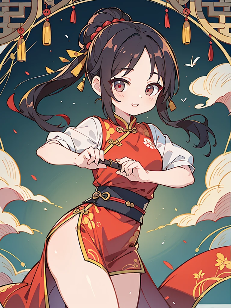 (best quality,4k,8k,highres,masterpiece:1.2),((chignon)),red cheongsam,traditional Chinese martial arts pose,cute girl,exquisite and detailed facial features,long eyelashes,beautiful detailed eyes,beautiful detailed lips,girl with a graceful smile,Chinese garden background,soft lighting,traditional Chinese architecture,subtle colors,beautifully painted illustrations,artistic interpretation, eye-catching accessories,hair ornaments that complement the hairstyle,delicate and elegant movements,flowing fabric of the cheongsam,Chinese fan,graceful posture,aesthetic appeal,harmonious composition, high contrast, clean lines, digital painting, vivid colors