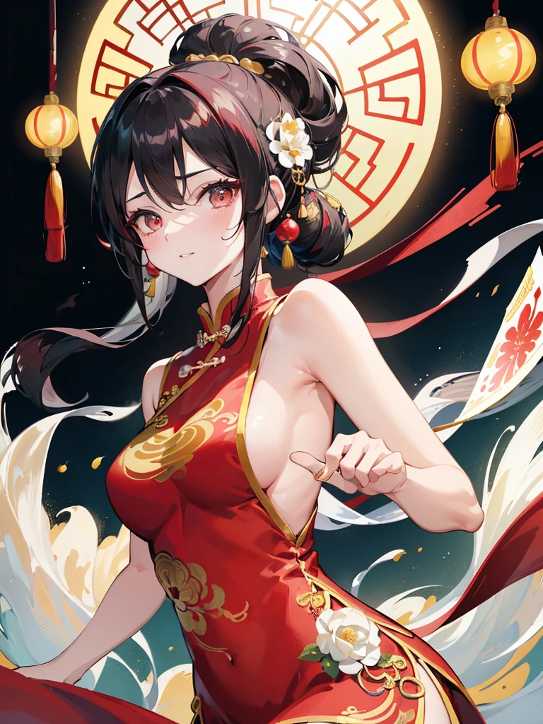 (best quality,4k,8k,highres,masterpiece:1.2),((chignon)),red cheongsam,traditional Chinese martial arts pose,cute girl,exquisite and detailed facial features,long eyelashes,beautiful detailed eyes,beautiful detailed lips,girl with a graceful smile,Chinese garden background,soft lighting,traditional Chinese architecture,subtle colors,beautifully painted illustrations,artistic interpretation, eye-catching accessories,hair ornaments that complement the hairstyle,delicate and elegant movements,flowing fabric of the cheongsam,Chinese fan,graceful posture,aesthetic appeal,harmonious composition, high contrast, clean lines, digital painting, vivid colors