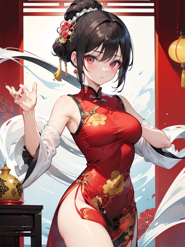 (best quality,4k,8k,highres,masterpiece:1.2),((chignon)),red cheongsam,traditional Chinese martial arts pose,cute girl,exquisite and detailed facial features,long eyelashes,beautiful detailed eyes,beautiful detailed lips,girl with a graceful smile,Chinese garden background,soft lighting,traditional Chinese architecture,subtle colors,beautifully painted illustrations,artistic interpretation, eye-catching accessories,hair ornaments that complement the hairstyle,delicate and elegant movements,flowing fabric of the cheongsam,Chinese fan,graceful posture,aesthetic appeal,harmonious composition, high contrast, clean lines, digital painting, vivid colors