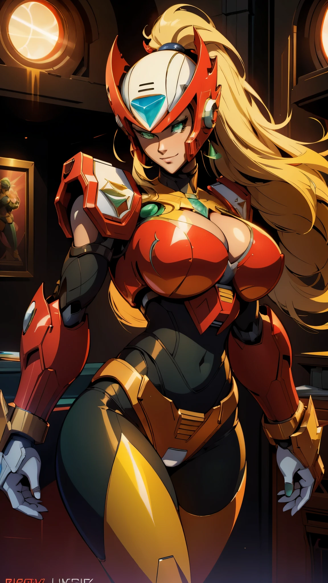 A beautiful woman, (( mecha)), sexy body figure, long legs, large breasts, detailed green eyes, beautiful face, milf, age 28, royal, long blonde color hair, ponytail, (helmet), (neutral facial expression), cleavage, Sexy body, silky hair, (holding green lazer sword), fine details, cinematic lighting, beautiful lighting effect, creative design, full frame, divine aura, shining light, perfect color transition, perfect balance of contrast, perfect color layer, perfectly smooth color blur, soft rendering, smooth color stroke, sun glare, optic lens, light ray, soft colors, smooth colors blend, perfect color rendering, harmony, perfect color harmony, light particles, perfect details, intricate details, color prism, fine details, fine armor, futuristic armor, sci fi, intricate armor details, red details, confidence smile, weapon, red and black color armor, night time, dark city, neon lights